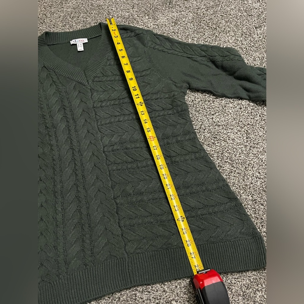 New Denim & Co Green Cable Knit Long Sleeve V neck Sweater MP - Picture 6 of 13
